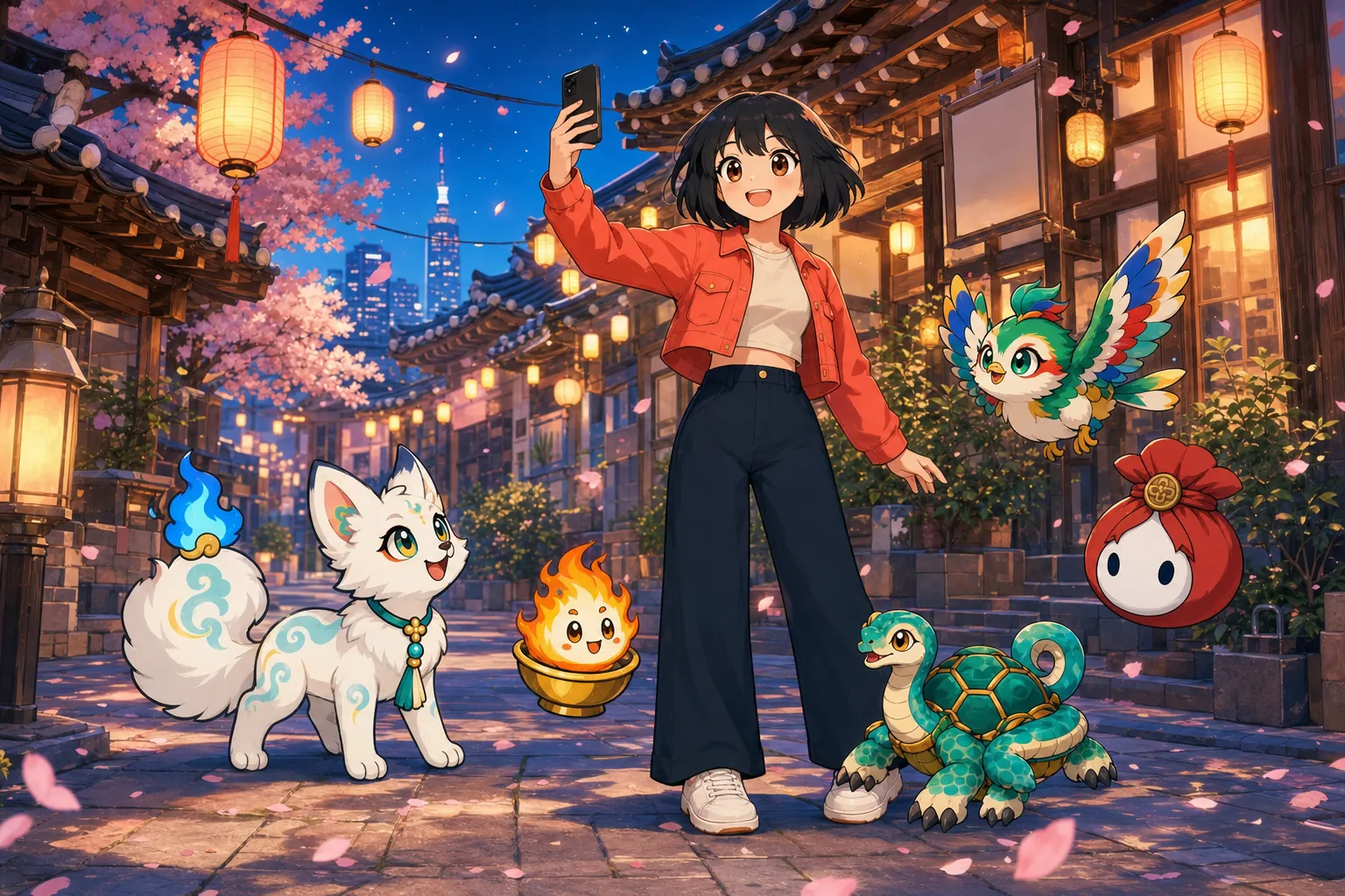Illustration: Yuni mit Yeoubi und weiteren Dokkaebi-Companions in einer Hanok-Gasse am Abend