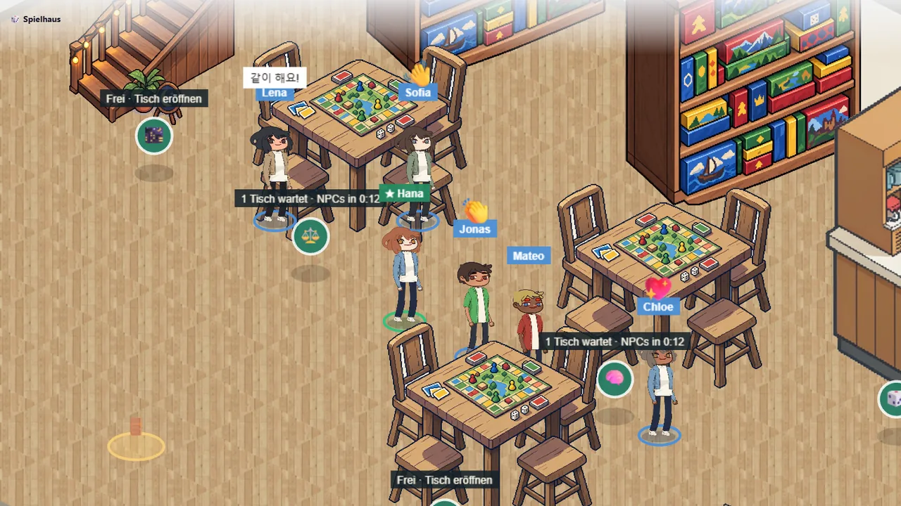 Echtes Spielbild: das Spielhaus, sechs Spielfiguren an zwei Spieltischen