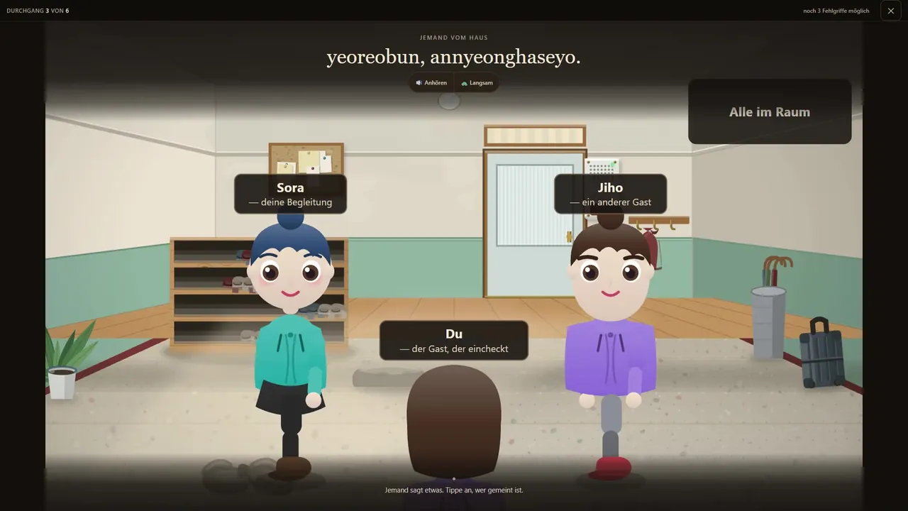 Echte Spielszene: eine koreanische Zeile verstehen und die richtige Person antippen