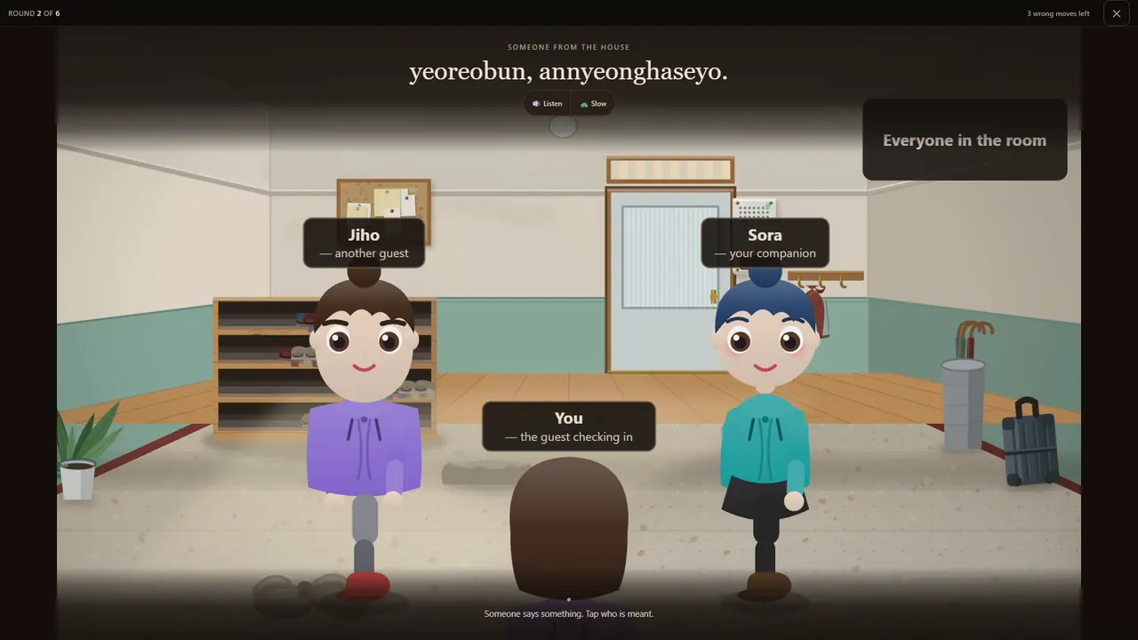 Real game scene: understanding a Korean line and tapping the right person