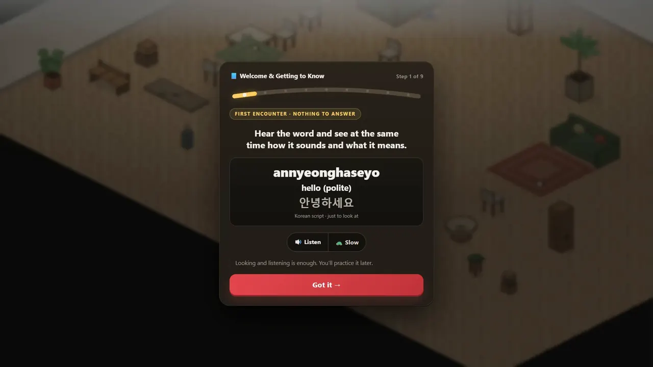 Real game scene: listening to a new word and picking its meaning