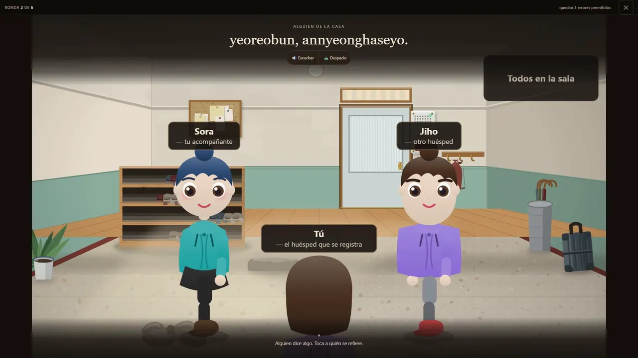 Escena real del juego: entender una frase en coreano y tocar a la persona correcta