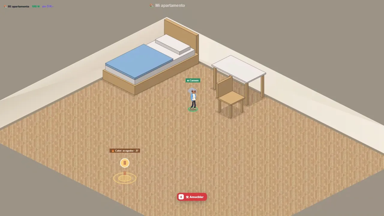 Escena real del juego: abrir la caja de la mudanza y amueblar el apartamento