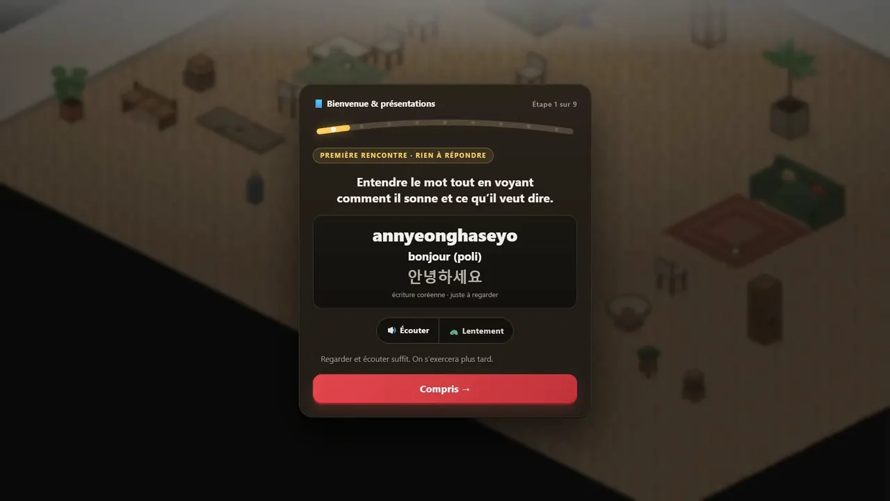 Vraie scène du jeu : écouter un nouveau mot et choisir son sens
