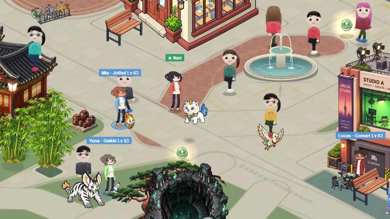 Echte Spielszene: Fans treffen sich am Brunnen
